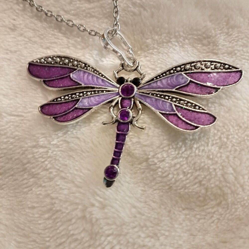 Purple Dragonfly Necklace With Silver Chain